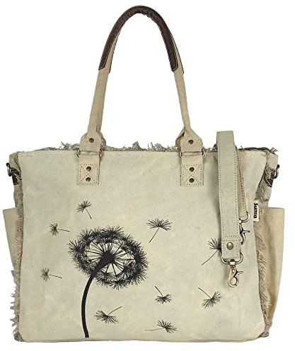 Sunsa Damen große Handtasche. XXL Tasche aus Canvas & Leder. Nachhaltige Strandtasche/Weekender mit Reißverschluss und Stern. Vintage Schultertasche als Geschenkideen für Frauen