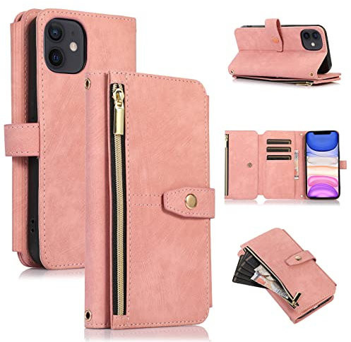 ZCDAYE Wallet Case for iPhone 12, Premium Leather Phone Case Women Ladies Holster with Card Slots Wrist Strap Zipper Flip Phone Cover for iPhone 12 (6.1 inches), Rose Gold