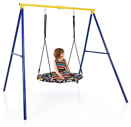 GOPLUS Portique Balançoire Exterieur, Cadre Support de Nid d’Oiseaux avec 3 Crochets, pour Adulte et Enfant,Portique Balancoire 1 Place Charge 150KG(Jaune,sans Balançoire)