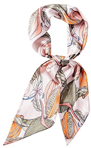 Camilife Damen Mädchen Kunstseide Langer Schmaler Seidenschal Halstuch Elegant Krawatte Schal Sanftmütig Haarschal Haar Accessoire Gürtel 14×150cm - Blumenmuster Rosa