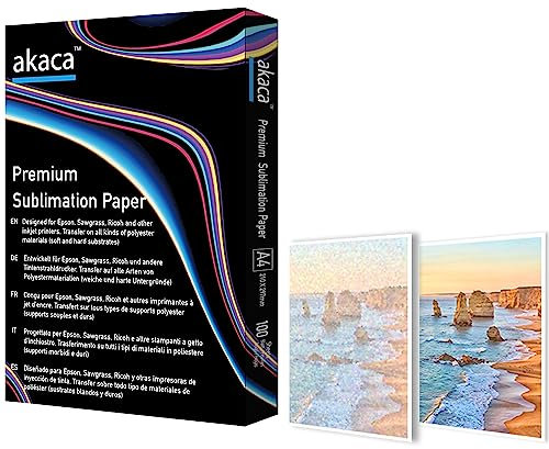 akaca Papier de sublimation A4, 210x297 mm, 100 feuilles, 120 g/m², Papier Transferts pour les imprimantes à sublimation Epson, Sawgrass, Ricoh