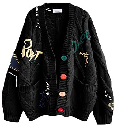 Women's Cable Knit Long Sleeve Open Front Cardigan Sheep V-Neck Button Down Embroidery Wool Blend Sweater Coat Outwear, Black, L