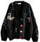 Women's Cable Knit Long Sleeve Open Front Cardigan Sheep V-Neck Button Down Embroidery Wool Blend Sweater Coat Outwear, Black, L