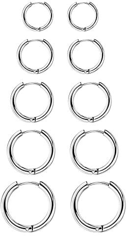 Creolen Silber Ohrringe Set Damen Herren , 5 Paar Edelstahl Creolen Ohrringe Klein, Hypoallergen Huggie Creolen Piercing Knorpel Ohrringe, Ohrringe für Herren Männer Damen Unisex, 8/10/12/14/16 mm