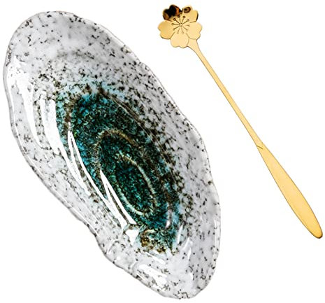 Ceramic Spoon Rest Cooking Spoon Holder for Kitchen Counter/Stove Top/Dining Table with Cute Spoon, Shell Shaped, Modern Farmhouse Decorative, 8.25x3.9 inch Green