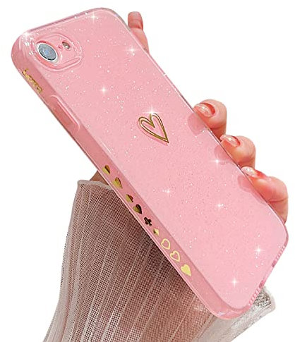 ZTUOK Compatible with iPhone 7/8 iPhone SE 2020/SE 2022 Case,Love Heart Pattern Design Soft TPU Shockproof Protective Case Bling Sparkly Glitter Cover for iPhone 7/8/SE 2020/SE 2022-Pink