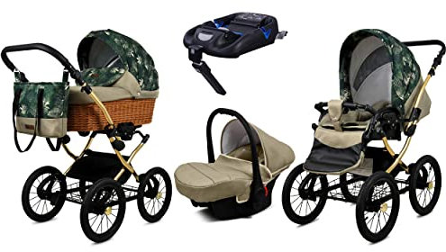 BabyLux Kinderwagen 4in1 mit Autositz für Kleinkinder – Kinderwagen für Neugeborene und Kleinkinder –– Baby Neugeborenen Kinderwagen – ISOFIX Autositzbasis – Max 15kg – Fern Leaf Gold Frame