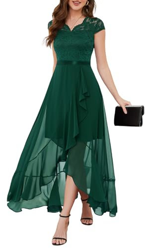 Bbonlinedress Mujer Vestido A-línea de cóctel Top Falda de Encaje Columpio de Gasa para Boda de Bola de Fiesta Cuello en V Manga Corta Gasa Corte para Mujer Dark Green 2XL