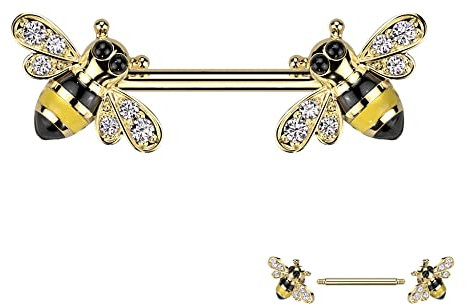 Treuheld® Brustpiercing mit Bienen und Kristallen | Piercing Stab [02.] Gold