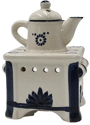 Dekohelden24 Duftlampe/Aromalampe/Duftlicht/Duftstövchen als Herd mit Kanne und floralem Muster, aus Keramik, Größe: L/B/H ca. 10 x 10 x 15 cm