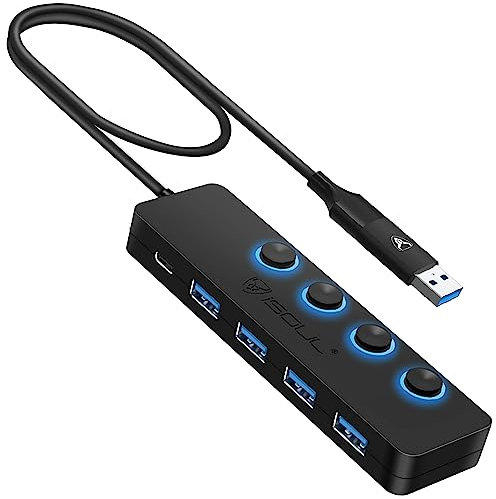 iSOUL USB Hub 3.0 4-Port, Ultra Slim USB Adapter Splitter Data Hub for Laptop MacBook Mac Pro/Mini iMac PC PS5 Surface USB extender Flash Drive HDD- 2ft Long Cable (Dual TYPE C/USB C Hub & USB Hub)