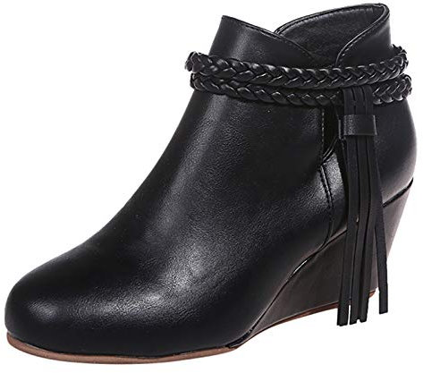 Retro Frauen Quassen-Keils Reißverschluss solide Kurze Booties Runde Zehen Schuhe Knobelbecher