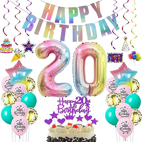 Deko 20. Geburtstag frauen bunt,Geburtstagsdeko 20 jahre frauen Rosa Luftballons 20 Geburtstag dekoration Regenbogen,bunt Folienballon 20 Geburtstag deko frau Rosa Tortendeko 20 Geburtstag lila