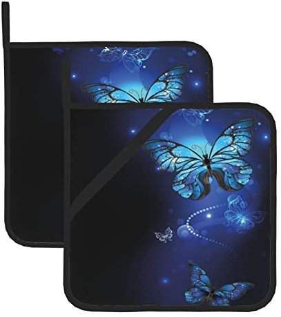 Set di 2 presine resistenti al calore con tasca per cottura in cucina, forno, forno a microonde (20,5 x 20,5 cm) / farfalle blu scuro