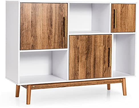KOMFOTTEU Aparador de Comedor con 6 Compartimentos, Armario Buffet de Madera con Dispositivo Antivuelco, Mueble Auxiliar con Patas de Madera de Pino para Salón, Cocina, 95 x 31 x 76 cm (Natural)