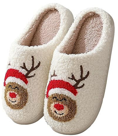 Sfit Hausschuhe Damen Herren Winter Plüsch Pantoletten Flauschige Slippers Niedliche Cartoon Hauspantoffeln Kuschelige Schlappen Warme Schuhe Indoor,Elch Weihnachtsmütze,44/45 EU