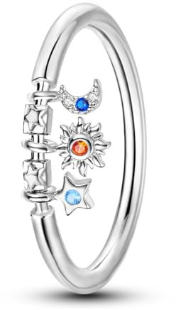 NARMO 925 Sterling Silber Ring für Frauen Mädchen - Mond, Sonne, Stern Design Mit Cubic Zirkonia - Statement Schmuck Größe 54mm