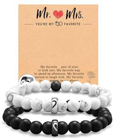 Flongo Partner Geschenk Paare Armbänder: Pärchen Perlenarmband Freundschaftsarmband schwarz weiß Perlen Armband Partnerarmbänder Naturstein Geschenke für Couple ihn und ihr Damen Herren Valentinstag