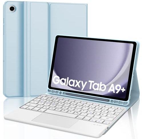 JADEMALL Tastatur Hülle mit Touchpad für Samsung Galaxy Tab A9 Plus 2023 (SM-X210/X215/X216) - Deutsches Bluetooth Keyboard Cover, Abnehmbar, QWERTZ Layout, Himmelblau