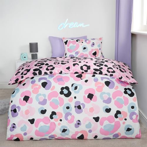 OHS Single Bedding Leopard Print, Reversible Single Quilt Cover for Girls Kids Duvet Covers with Pillowcase Ultra Soft Comfy Quilt Covers Bed Set, Pink/White