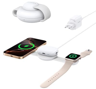 Anker Estación de Carga Inalámbrica 3 en 1 Compatible con MagSafe, Cargador MagGo de 15 W con Certificación Qi2, Base de Carga Plegable de Viaje para iPhone 16/15/14 Series, AirPods, Apple Watch y Más