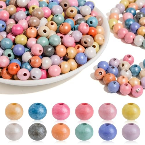 I LOVE MOM Holzperlen zum Auffädeln 300 Stück Runde Holzperlen Bunt, Holzperlen Groß 10 mm Holzkugeln mit Loch Holzperlen Kinder für DIY Schmuckherstellung Armbänder Halsketten