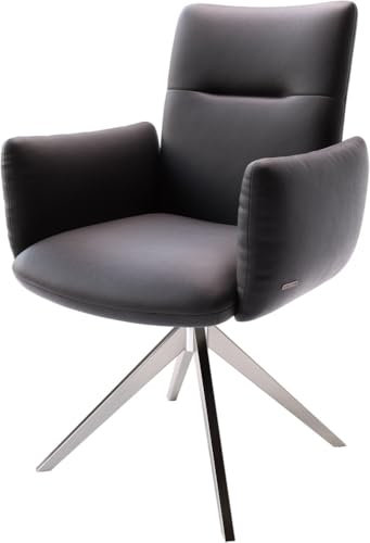 Esszimmerstuhl Jova-Flex mit Armlehnen Kreuzgestell breit Edelstahl Echt-Leder Schwarz 360° drehbar Taschenfederkern