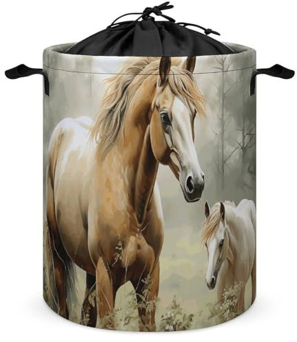 Wäschekorb mit Kordelzug, Tier-Stickerei, Gemälde, Pferde, platzsparender Wäschesack, ideal für Wohnungen, Camping und Zuhause