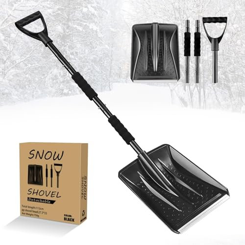 MEETOZ Pala da neve, 2025, pala da neve per rimozione della neve, leggera e staccabile, per vialetto, pala portatile per auto, casa, giardino, fango e pupazzo di neve (nero)