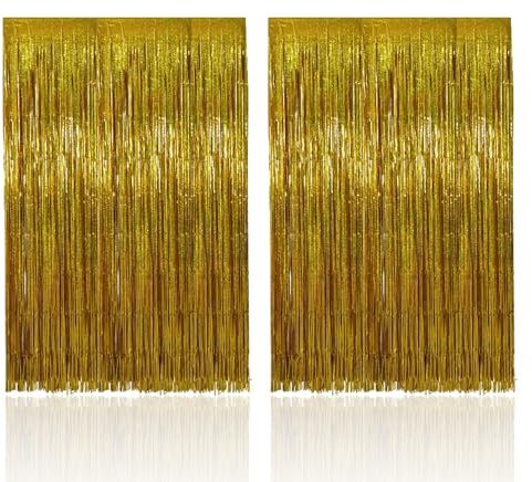 IUHRIE 2M*2M Lametta Vorhang,Gold,Tinsel,Weihnachtsbaum,Glitzervorhang,Ostern Dekorieren,Metallische Folie Fransen,Folienfransen,Funkeln Vorhängen Dekoration für Party,Geburtstag,Hochzeit,Hintergrund