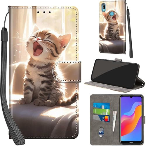 Cover per Huawei Honor 8A 2019/2020 / Huawei Y6 Prime 2019 Case PU Pelle Custodia [Kickstand] [Chiusura magnetica] [Slot per Schede], Portafoglio Flip Custodia per Honor 8A,Gatto