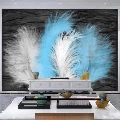 XLMING Dunkelgrauer Marmor Weiße Federn Blaue Federn 3D Dekorative Tapete Speisesaal Arbeitszimmer Wohnzimmer Schlafzimmer Sofa TV Wand-150cm×105cm