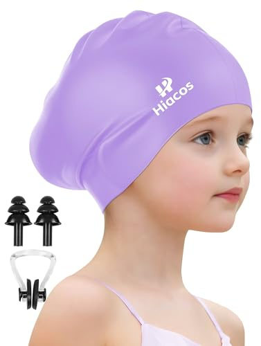 Kids Swim Cap for Girls Boys, 2 Size Silicone Swimming Cap for Long Hair Short Hair, Waterproof Swim Hats Bathing Caps for Age 3-15 Toddlers Children Teens to Keep Hair Dry-Purple