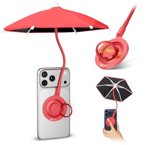 Magnetischer Telefon Regenschirm mit schwarzer Anti-UV Beschichtung, Rot | verbesserter UV-Handyschirm mit biegsamem Design und Telefonring für iPhone 17 Air 16 15 Pro Max