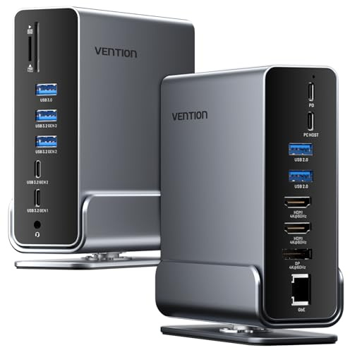 VENTION 15-in-1 Laptop Docking Station Dual Monitor, 360° Roatable Triple Monitor Docking Station with 2 * 4K HDMI and 1*DP, PD 100W Charging for Laptop, 10Gbps USB Port Transfer, RJ45, Audio, SD/TF