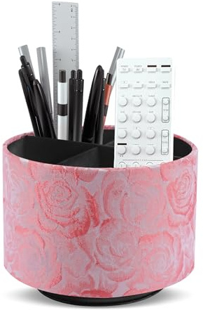 Mtzmy Rund Stiftehalter,Leder,360° drehbar,Fernbedienungshalter, drehbarer Nachttisch, TV-Fernbedienung, Schreibtisch-Organizer für Stifte, Bürobedarf, Aufbewahrungsbox(1-3D Rose Rosa)