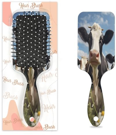 Myfsucce Brosse à cheveux pour femme – Brosse démêlante de massage avec motif vache, bovins, herbe, antistatique, pour cheveux mouillés/secs