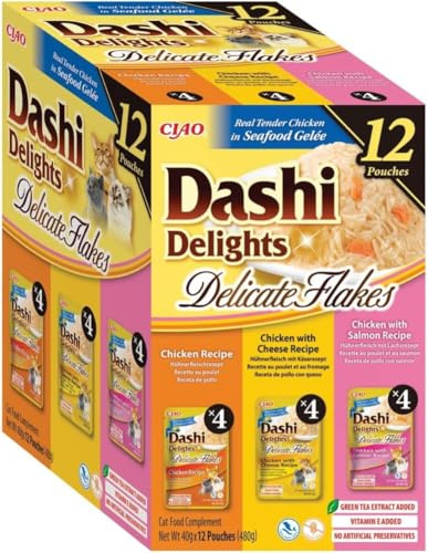 INABA Dashi Delights Delicate Flakes: Chicken Variety (12 x 40g) / Grain-Free, Rich in Protein, Natural Ingredients, Delicious and Healthy, Wet Cat Food