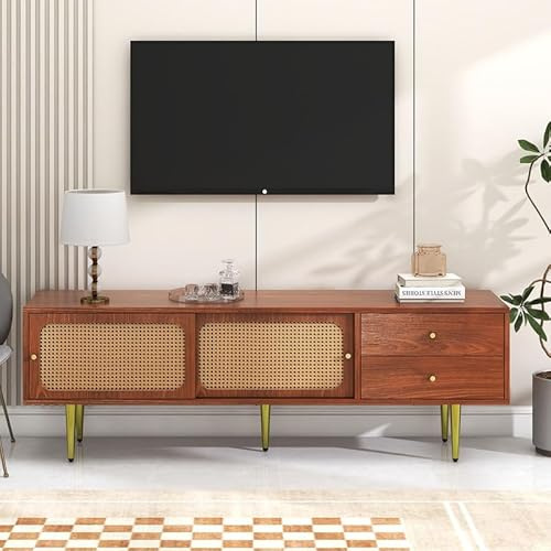 OUNICE TV-Schrank, Lowboard TV Board mit 2 Schubladen, 2 Schiebetüren und 4 Fächer, Landhausstil, Kunststoff-Rattan, Fernsehschrank für Wohnzimmer Esszimmer, 160 x 40 x 60 cm, Nussbaum
