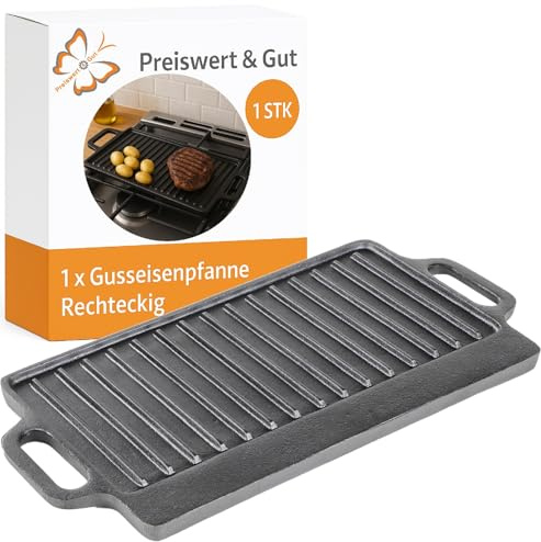 Gusseisenpfanne Grill rechteckig 40 x 20,5 cm massiv 2,7 kg mit Griffen BBQ | Grillplatte aus Gusseisen für Grill, Herd und Ofen mit gleichmäßiger Wärmeverteilung Preiswert&Gut
