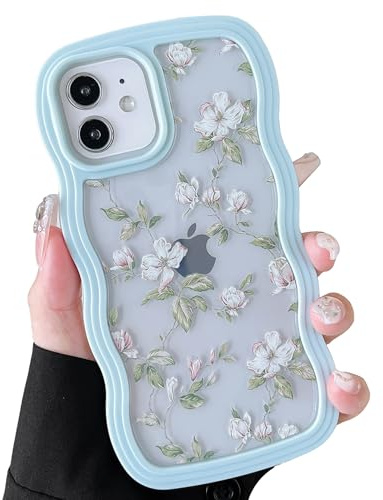 ZTOFERA Aesthetic Curly Wavy Case for iPhone 11 (6.1), Mint Green | Cute Floral Leaves Pattern, Hard PC Colored Wave Soft Silicone Bumper Case, Shockproof Protective Cover, for Girls Women