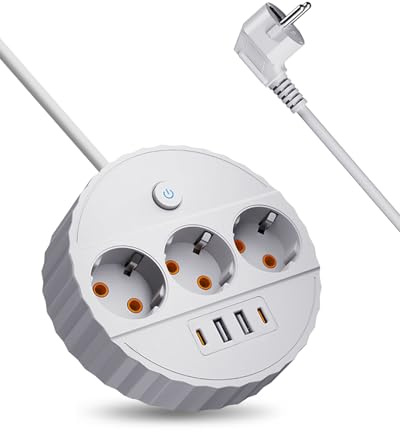Steckdosenleiste mit USB C,2500W Mehrfachsteckdose mit 10° Ergonomischem Design, 7-in-1 Schreibtisch-Stromverteiler mit 3 Steckdosen & 4 USB-Ports, 1.8m Kabel,für Büro & Heim,Weiß