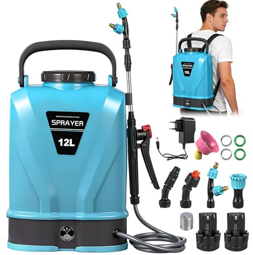 Dibaful Akku Drucksprüher 12L Elektrische mit 12V 2000mAh*2 Akku Einstellbarer 0-45 PSI | Kompatibel mit 12V Batterie Drucksprühgerät mit 5 Düsen für Gartenspritze Wassersprüher