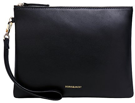 Doris&Jacky Damen Echtes Leder Clutch Schaffell Geldbörse Abendtasche mit Handschlaufe (Schwarz)