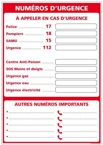 Panneau Affichage Numéros d'Urgence - Protection anti-UV - Dimensions 210x300 mm - Plastique rigide PVC 1,5 mm