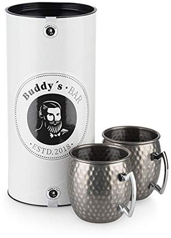 Buddy´s Bar - Moscow Mule Becher, 500 ml, hochwertiger Edelstahl-Becher, lebensmittelecht, Hammerschlag-Effekt, Cocktail-Tasse inkl. Geschenkbox, gehämmert, Edelstahl Antik, 2er Set