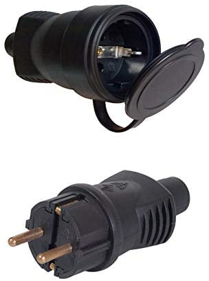 Stecker und Kupplung mit Abdeckkappen wasserdicht feuchtraum aussen schukostecker IP44 (Stecker und Kupplung SET)