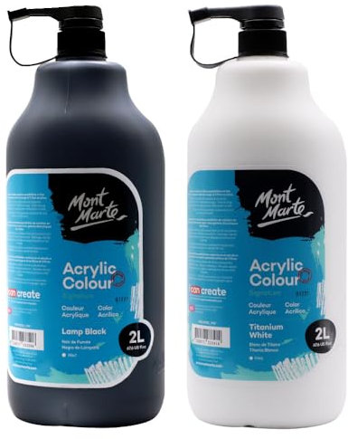 Mont Marte Discovery School Acrylic, Titanium White and Black, 1/2 Gallon (2 Liter). Ideal for Students and Artists. Excellent Coverage and Fast Drying. Pump Lid Included.