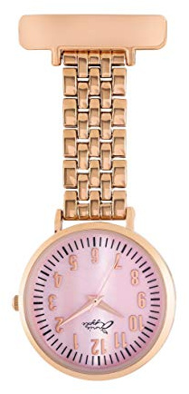 Annie Apple Nurse Fob Watch – Pink Mother of Pearl Dial with Rose Gold Link Chain Bracelet, Pocket Watch for Nurses, Hairdressers & Beauticians