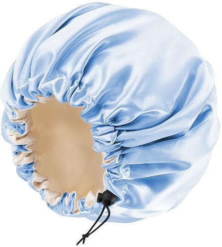 Satin Bonnet Silk Bonnet for Curly Hair Bonnet Braid Bonnet for Sleeping Bonnets for Women Large Double-Layer Adjustable Blue
